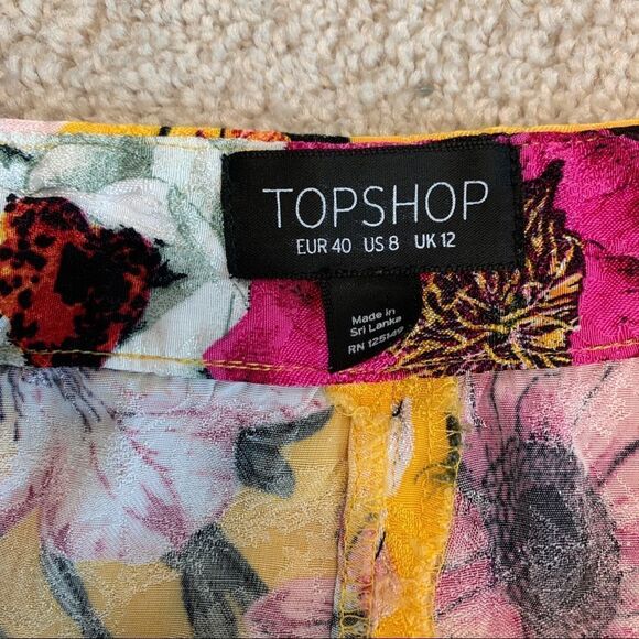 Topshop Asian Oriental yellow floral flower print wide leg trousers belted Sz 8 - Picture 10 of 16